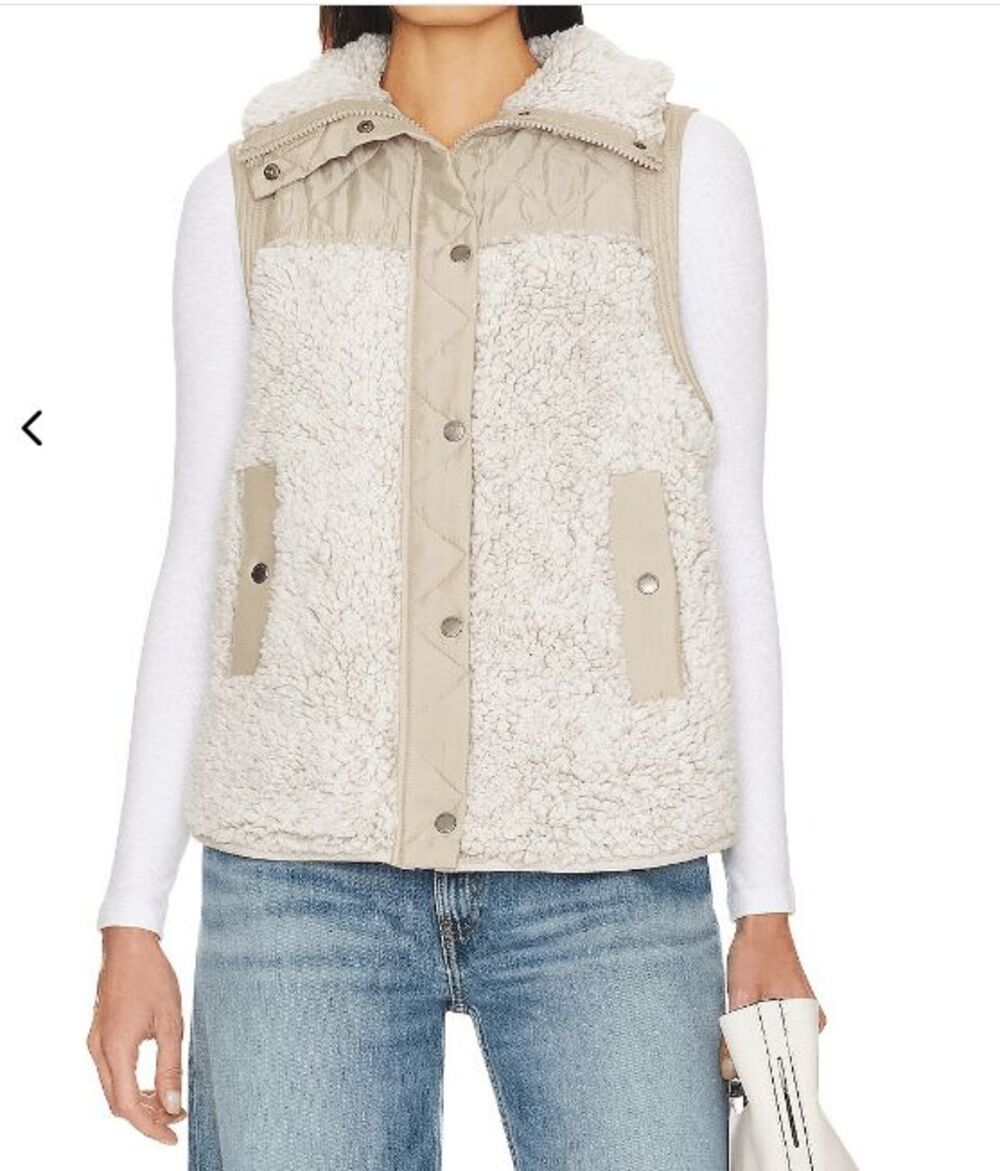 BLANKNYC Women's Faux Fur Quilted Full Zip Snap Teddy Vest White Tan XS NWT